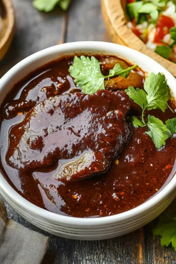 Deep red homemade adobo sauce in glass jar with wooden spoon