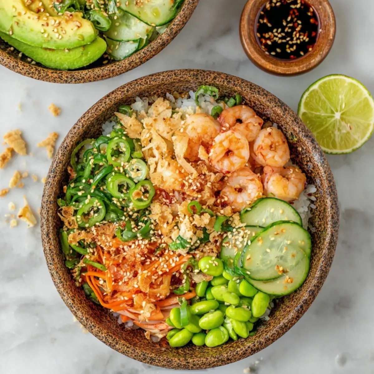Fresh shrimp poke bowl ingredients laid out including raw shrimp, vegetables, rice, and spicy mayo sauce in small bowls