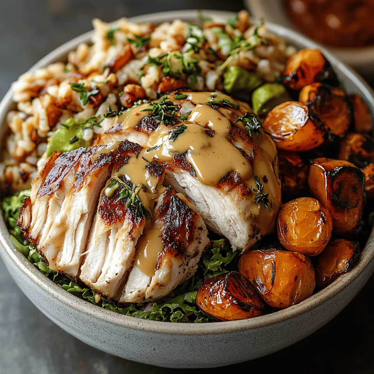 Maple Dijon Chicken & Roasted Sweet Potato Bowls