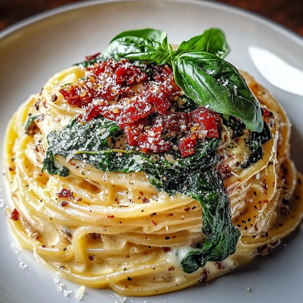 Spaghetti & Spinach with Sun-Dried Tomato Cream Sauce